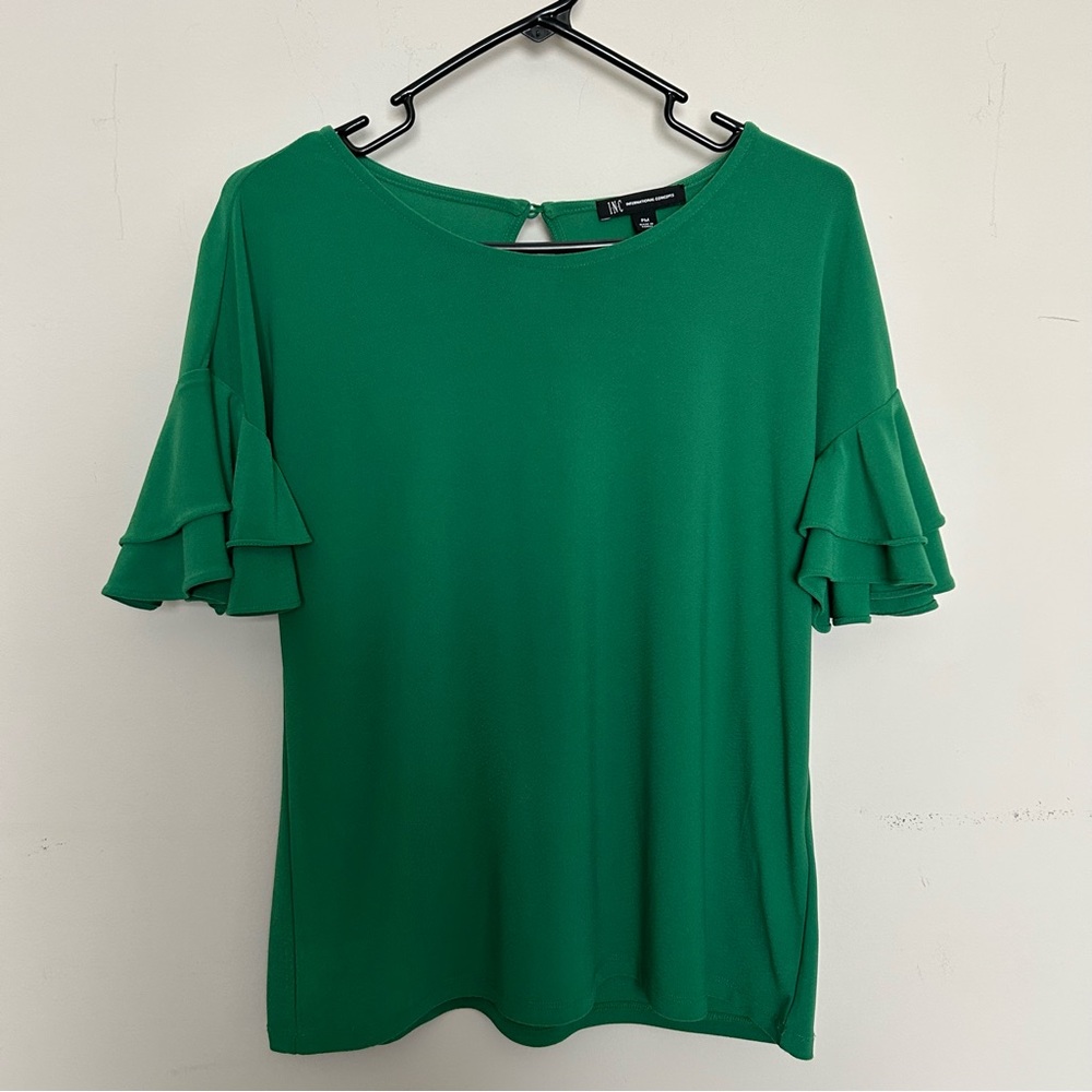 INC International Concepts Surplice bell sleeve blouse, green; petite Medium